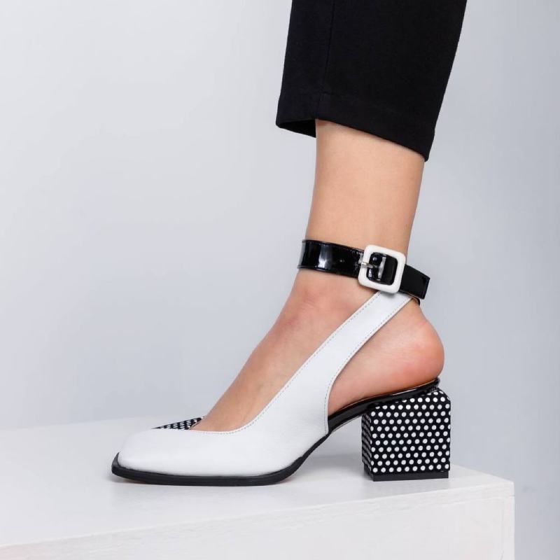 Polka dot leather color block chunky heels