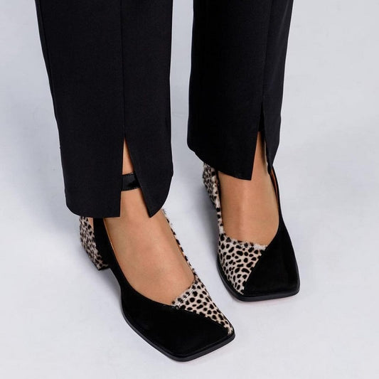 Polka dot leather color block chunky heels