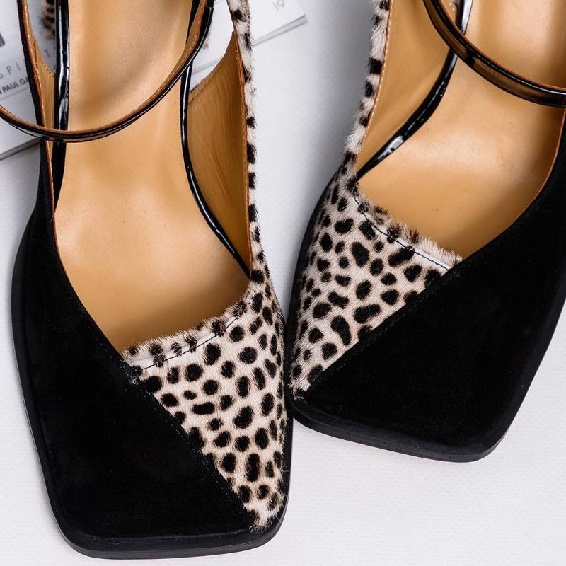 Polka dot leather color block chunky heels