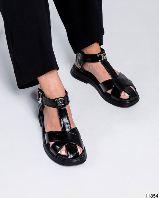 Glossy leather buckle sandals