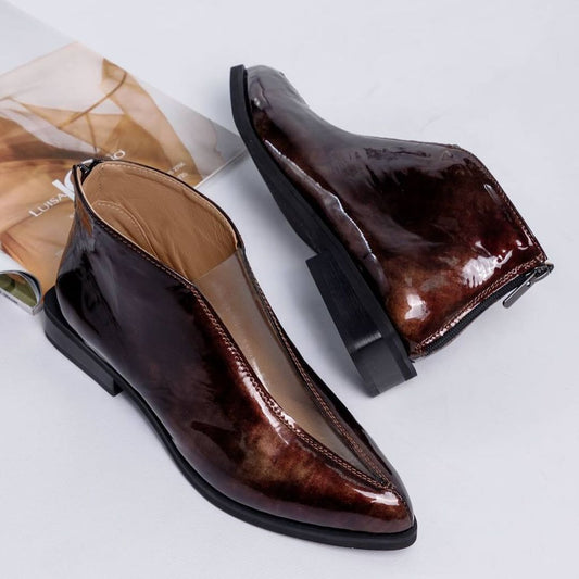 Brown glossy leather zippered casual boots