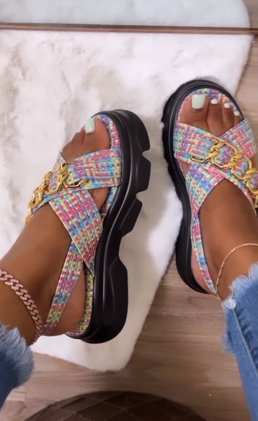 Chic colorful braided cross buckle sandals