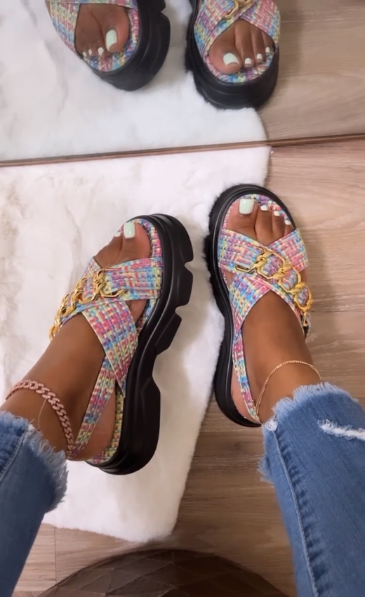 Chic colorful braided cross buckle sandals