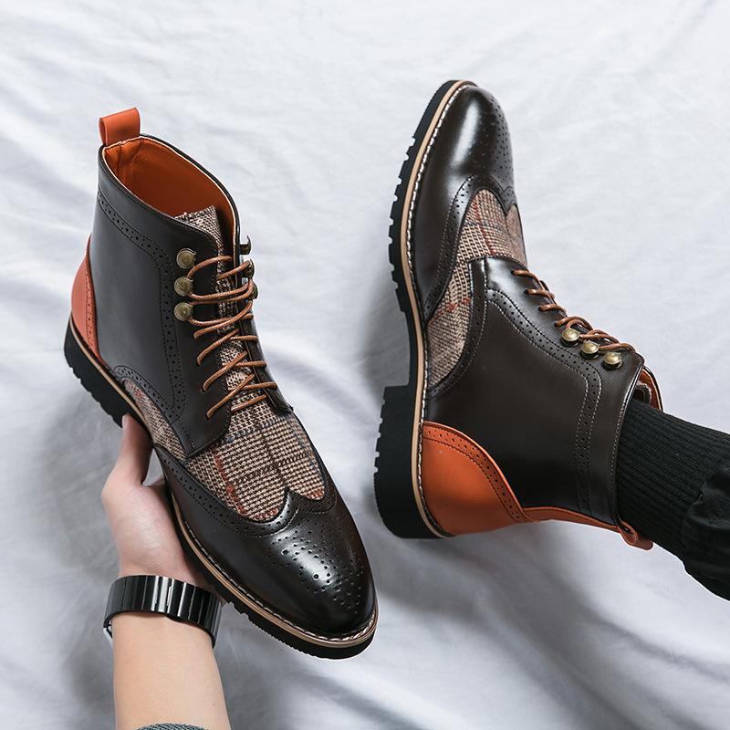 Italian handmade leather plaid casual boots