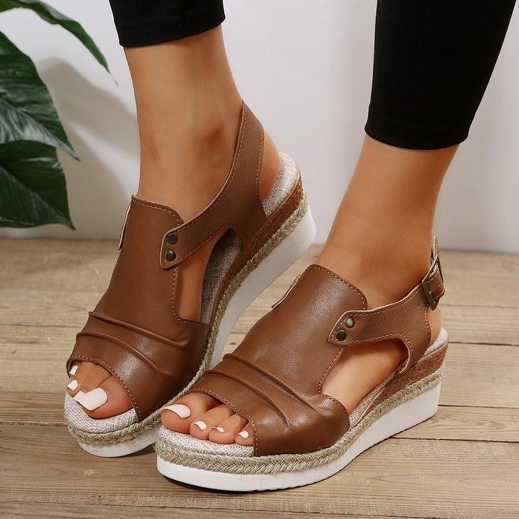 Wedge fish mouth casual buckle sandals