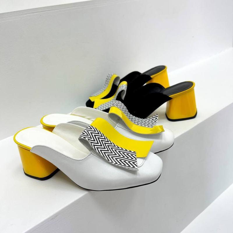 Pure leather color block block heel slippers