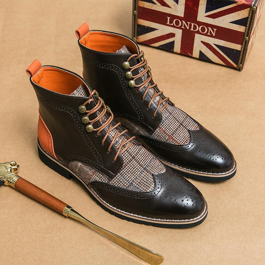 Italian handmade leather plaid casual boots