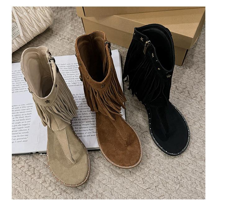 Western Tassel Studded Thong Zip-Up Boots