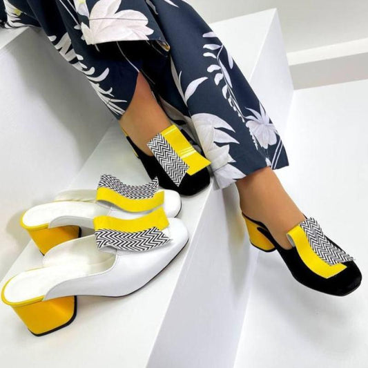 Chic Color Block Block Heel Slippers