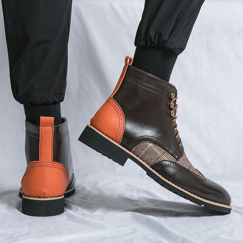 Italian handmade leather plaid casual boots