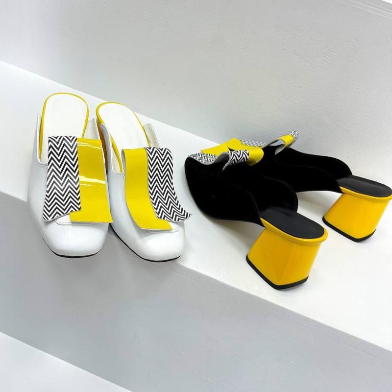 Pure leather color block block heel slippers