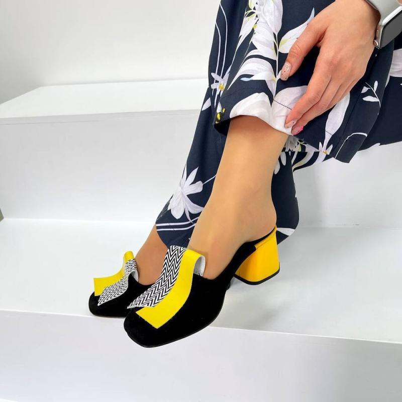 Pure leather color block block heel slippers