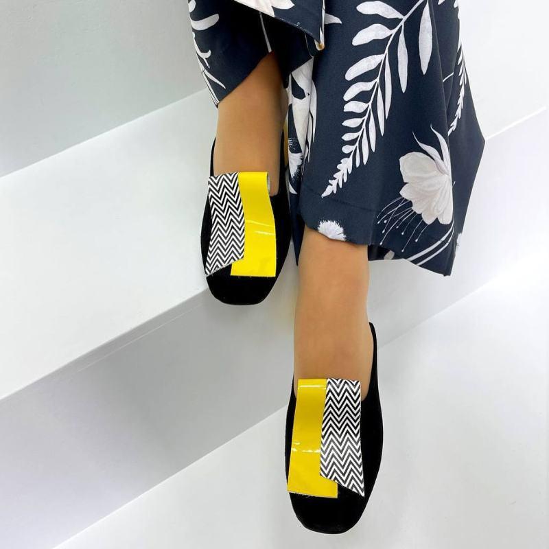 Pure leather color block block heel slippers