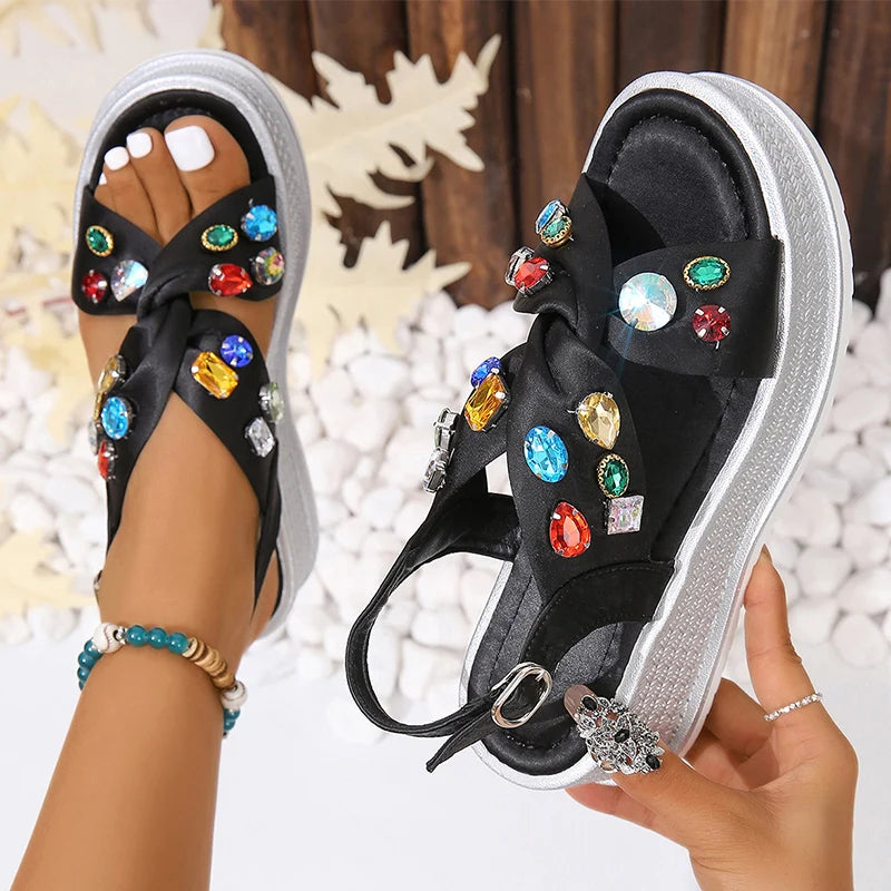 Chic thick-soled crystal stone casual sandals