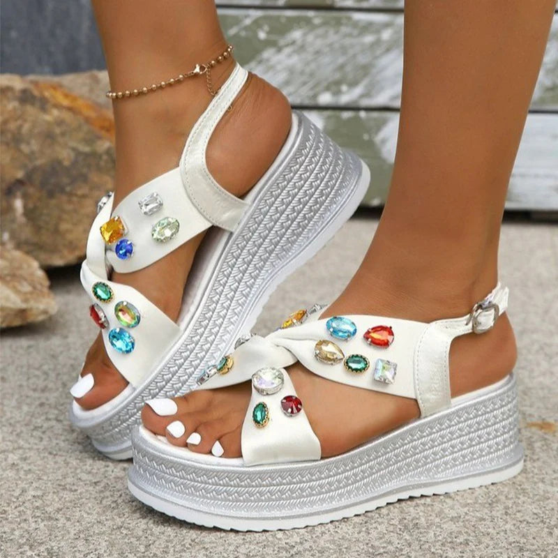 Chic thick-soled crystal stone casual sandals