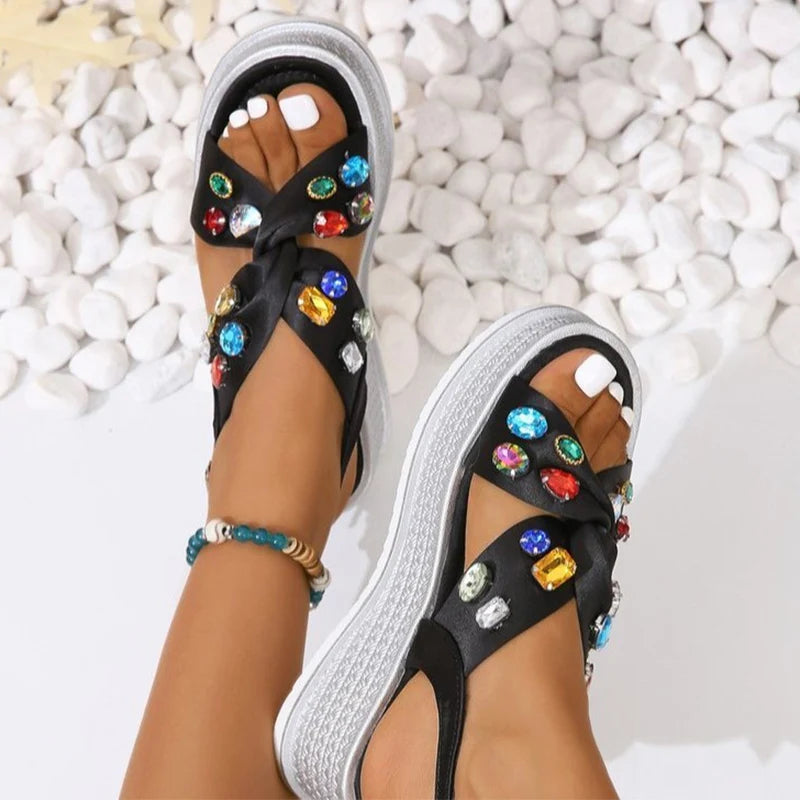 Chic thick-soled crystal stone casual sandals