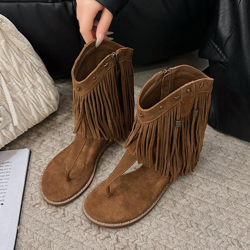 Western Tassel Studded Thong Zip-Up Boots