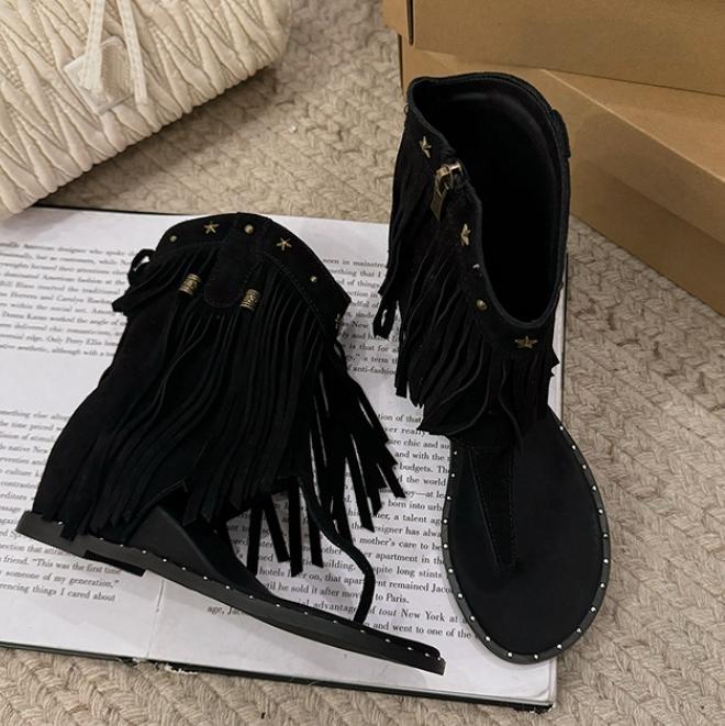 Western Tassel Studded Thong Zip-Up Boots