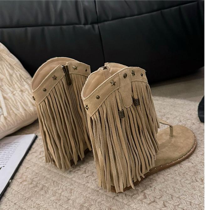 Western Tassel Studded Thong Zip-Up Boots