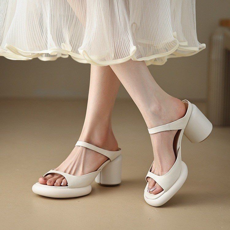 Leather peep-toe high-heeled slippers/sandals