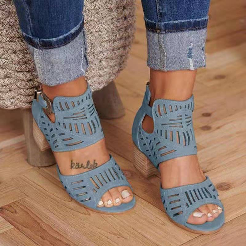 Hollow Carved Thick Heel Sandals