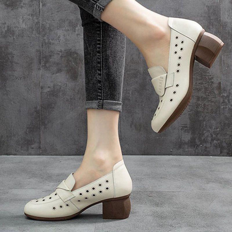 Low-heeled breathable leather sandals