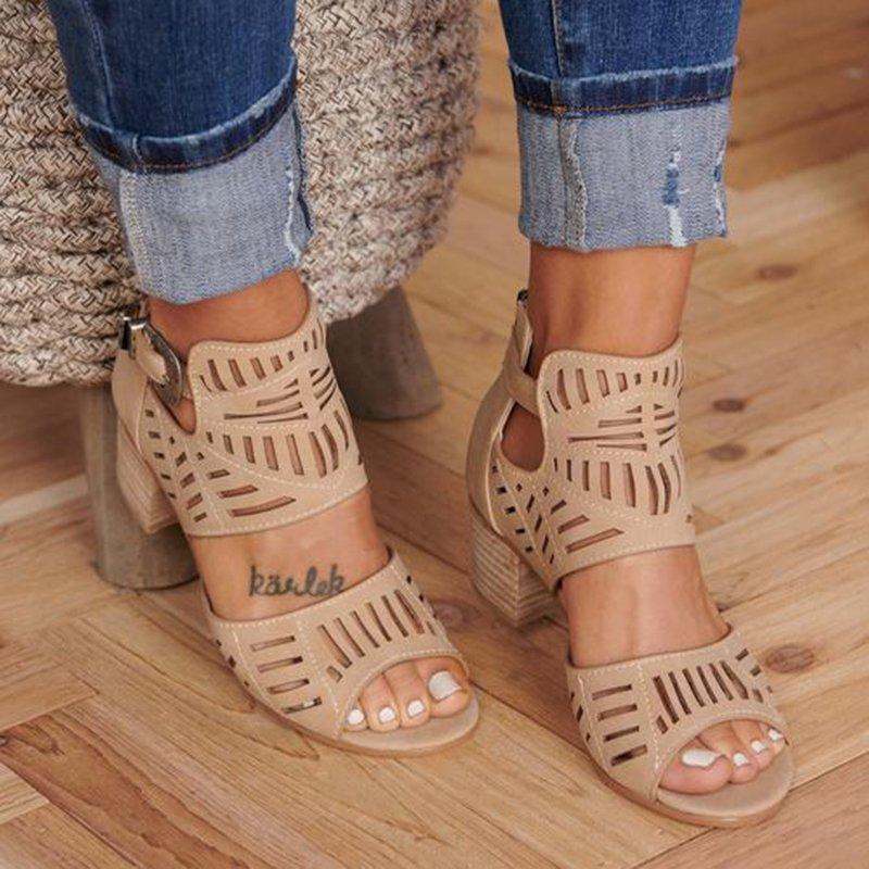 Hollow Carved Thick Heel Sandals