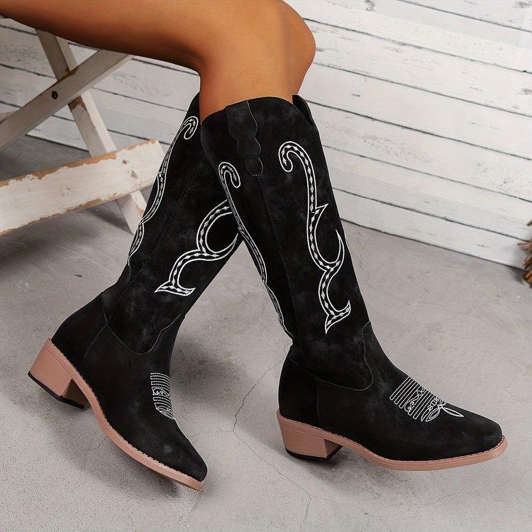 Embroidered Block Heel Women's Boots